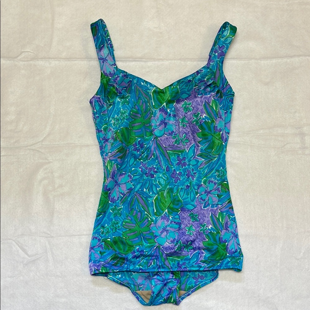 Vintage Maxine Of Hollywood Swimsuit 14 One Piece Full Coverage Cups Open Back